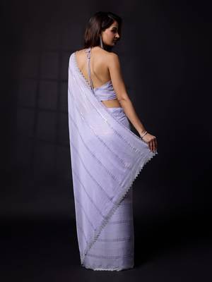 Trendmalls Purple Chiffon swarovski work Saree with Unstitched Blouse Piece 3