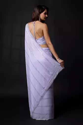 Trendmalls Purple Chiffon swarovski work Saree with Unstitched Blouse Piece