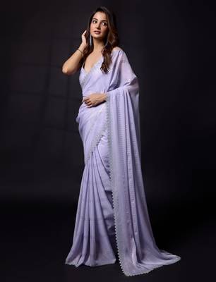 Trendmalls Purple Chiffon swarovski work Saree with Unstitched Blouse Piece 4