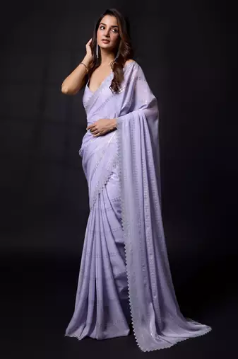 Trendmalls Purple Chiffon swarovski work Saree with Unstitched Blouse Piece
