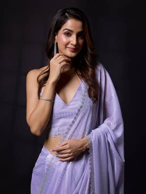 Trendmalls Purple Chiffon swarovski work Saree with Unstitched Blouse Piece 5