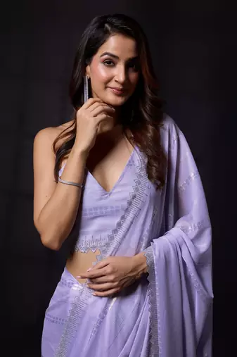 Trendmalls Purple Chiffon swarovski work Saree with Unstitched Blouse Piece