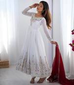 White colour chinnon silk embroidery work fully stitched gown