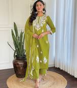 Chikankari Work with Pure Cotton Straight Kurta, Pant and Dupatta Set