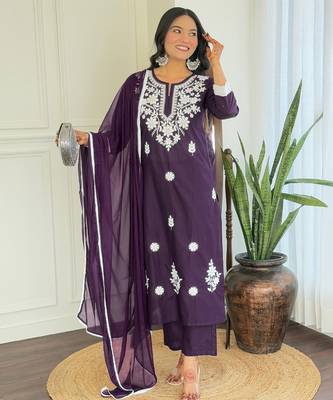 Chikankari Work with Pure Cotton Straight Kurta Pant and Dupatta Set 1