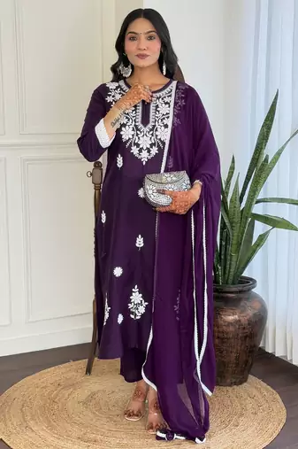 Chikankari Work with Pure Cotton Straight Kurta Pant and Dupatta Set