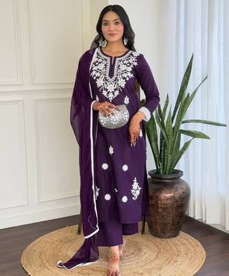 Chikankari Work with Pure Cotton Straight Kurta Pant and Dupatta Set 5