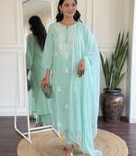 Gorgeous Chikankari Work with Cotton Fabric Straight Kurta, Pant and Dupatta Set