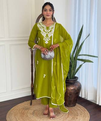  Chikankari Work with Pure Cotton Straight Kurta Pant and Dupatta Set 1