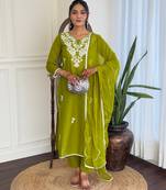 Gorgeous Chikankari Work with Pure Cotton Straight Kurta, Pant and Dupatta Set