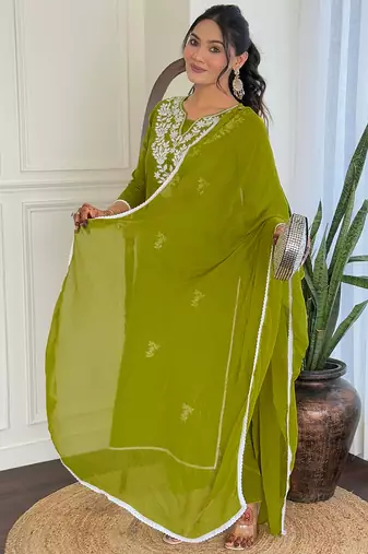  Chikankari Work with Pure Cotton Straight Kurta Pant and Dupatta Set