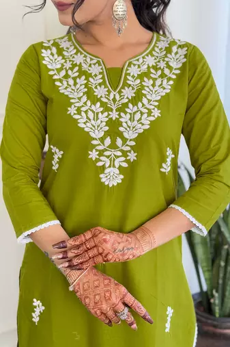 Chikankari Work with Pure Cotton Straight Kurta Pant and Dupatta Set