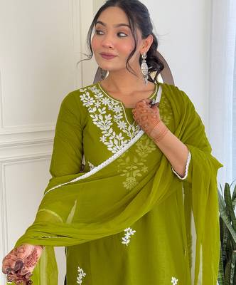  Chikankari Work with Pure Cotton Straight Kurta Pant and Dupatta Set 5