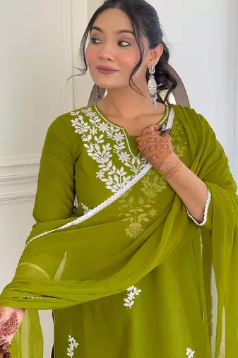  Chikankari Work with Pure Cotton Straight Kurta Pant and Dupatta Set