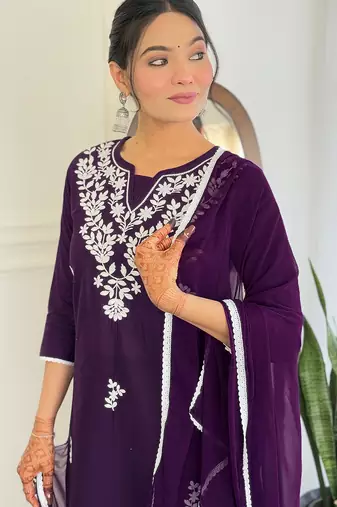  Chikankari Work with Pure Cotton Straight Kurta Pant and Dupatta Set