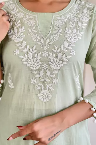  Chikankari Work with Pure Cotton Straight Kurta Pant and Dupatta Set