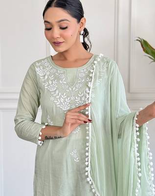  Chikankari Work with Pure Cotton Straight Kurta Pant and Dupatta Set 5