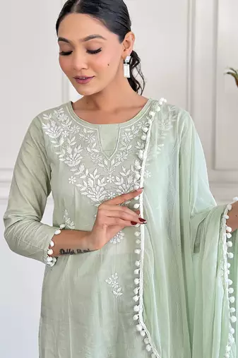  Chikankari Work with Pure Cotton Straight Kurta Pant and Dupatta Set