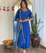 Gorgeous Embroidery Work with Viscose Silk Fabric Flared Kurta, Pant and Dupatta Set