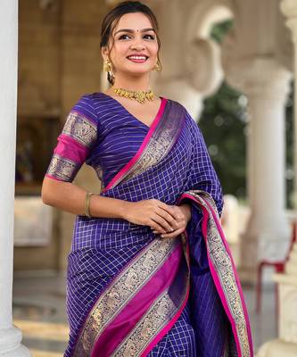 Purple checks Design Kanjivaram art Silk Saree 1