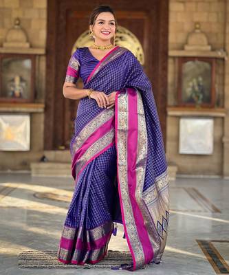 Purple checks Design Kanjivaram art Silk Saree 2