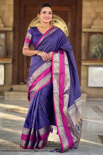 Purple checks Design Kanjivaram art Silk Saree