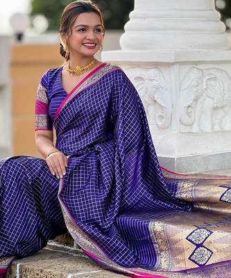 Purple checks Design Kanjivaram art Silk Saree 3