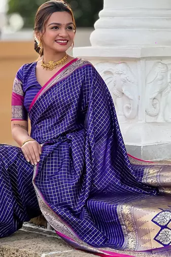 Purple checks Design Kanjivaram art Silk Saree
