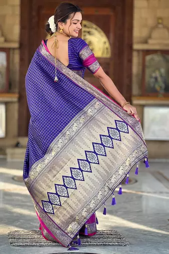 Purple checks Design Kanjivaram art Silk Saree