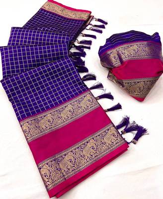 Purple checks Design Kanjivaram art Silk Saree 5