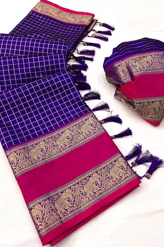 Purple checks Design Kanjivaram art Silk Saree