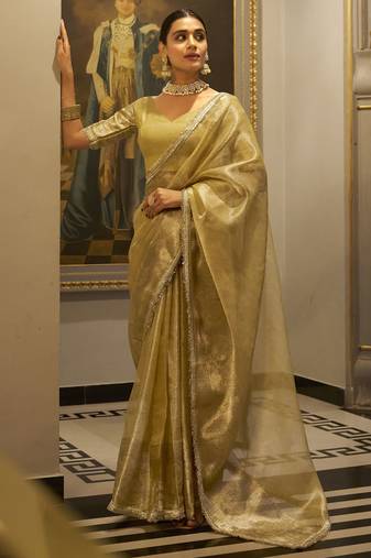 golden zari weaving tissue silk saree with blouse