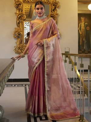 light pink zari weaving tissue silk saree 1