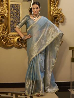 sky blue zari weaving tissue silk saree 1