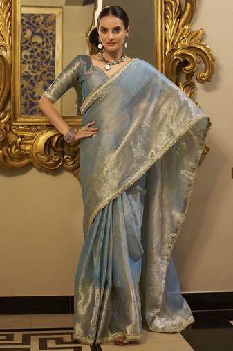 sky blue zari weaving tissue silk saree