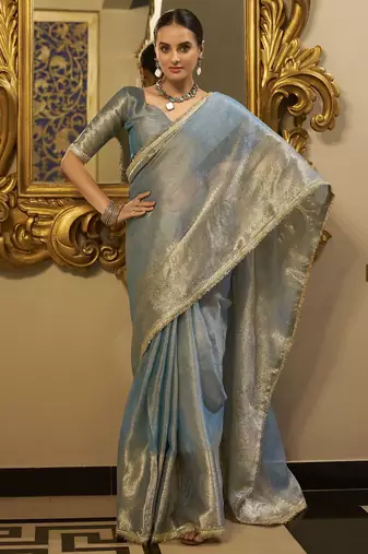 sky blue zari weaving tissue silk saree