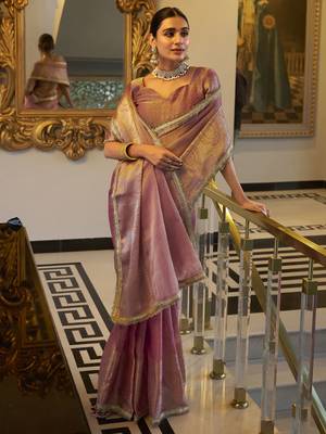 light pink zari weaving tissue silk saree 3
