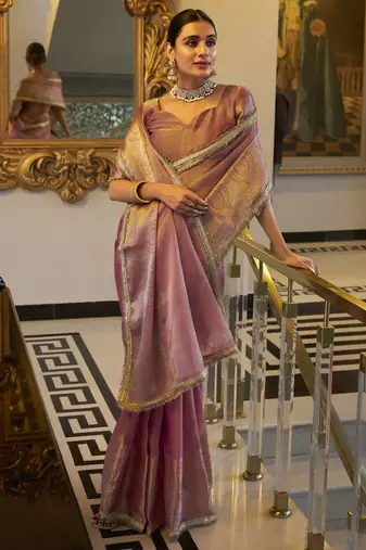 light pink zari weaving tissue silk saree