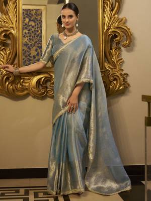 sky blue zari weaving tissue silk saree 3
