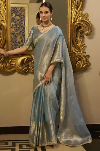 sky blue zari weaving tissue silk saree