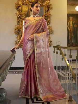 light pink zari weaving tissue silk saree 4