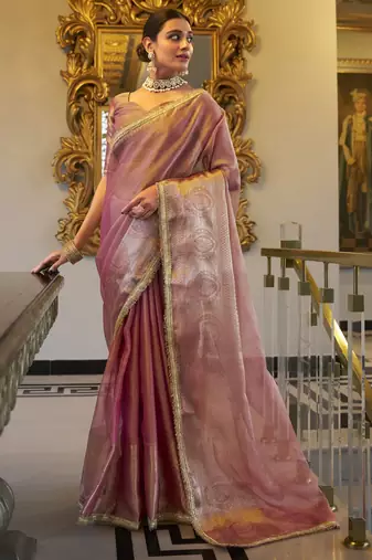 light pink zari weaving tissue silk saree