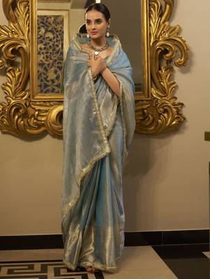 sky blue zari weaving tissue silk saree 4