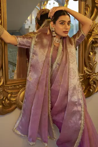 light pink zari weaving tissue silk saree