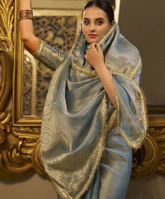 sky blue zari weaving tissue silk saree 5
