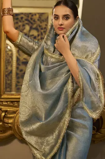 sky blue zari weaving tissue silk saree