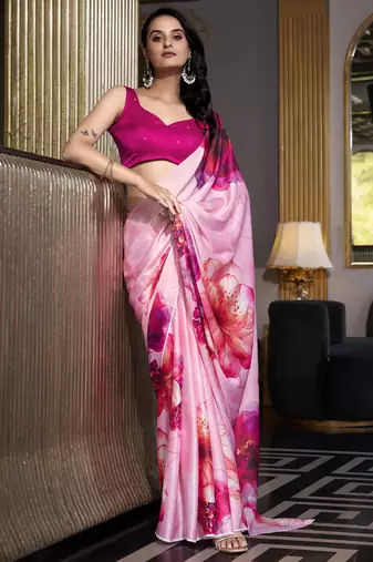 light pink floral printed satin casual wear saree with blouse