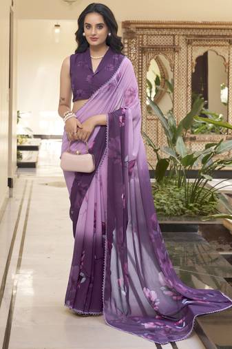 lavender floral printed chiffon saree with blouse