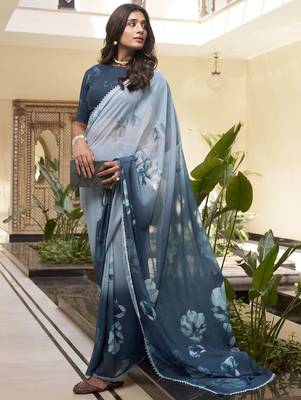 teal blue floral printed chiffon saree with blouse 1