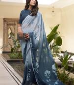 teal blue floral printed chiffon saree with blouse